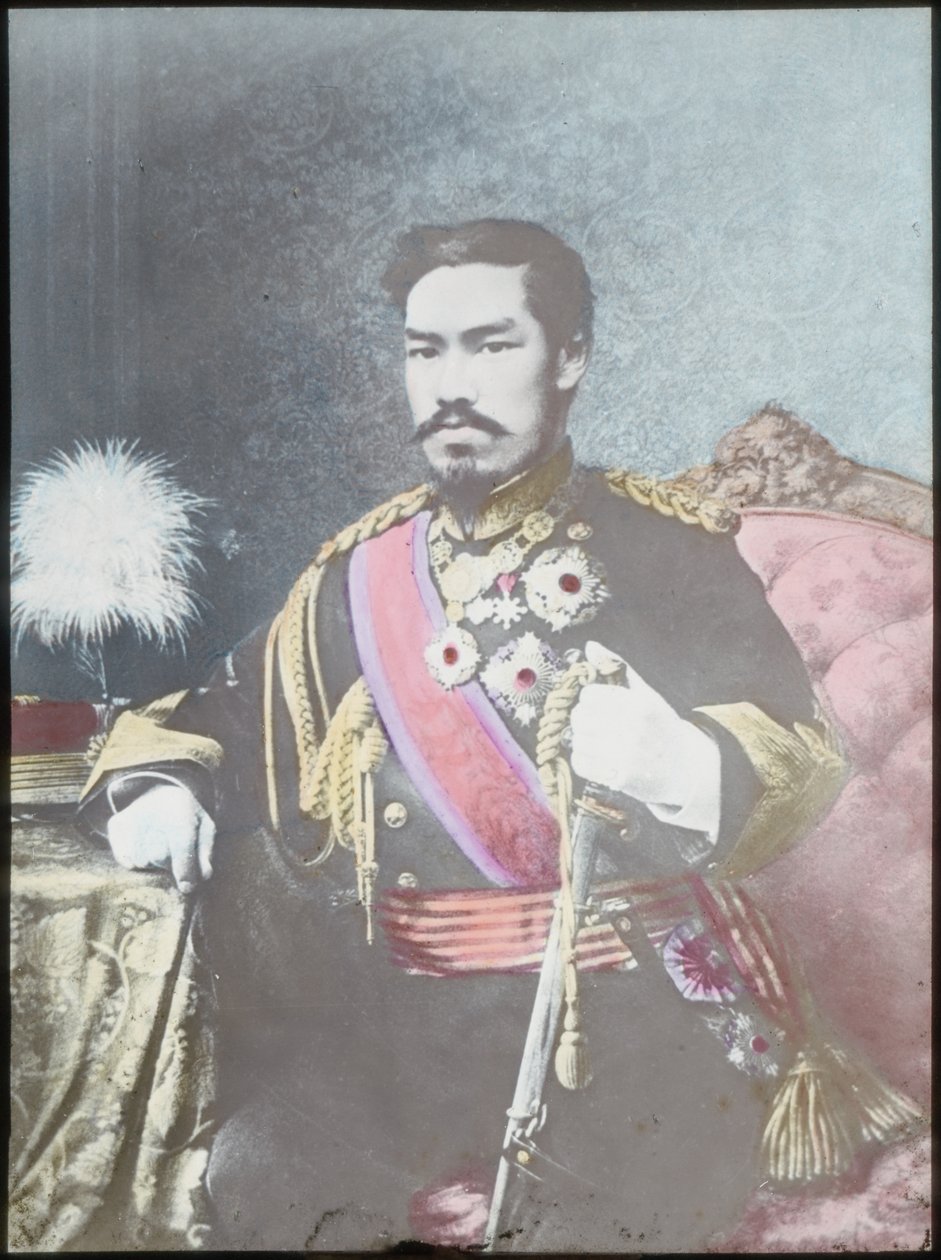 Meiji İmparatoru, 1880 dolayları (el boyaması cam slayt) by Japanese School