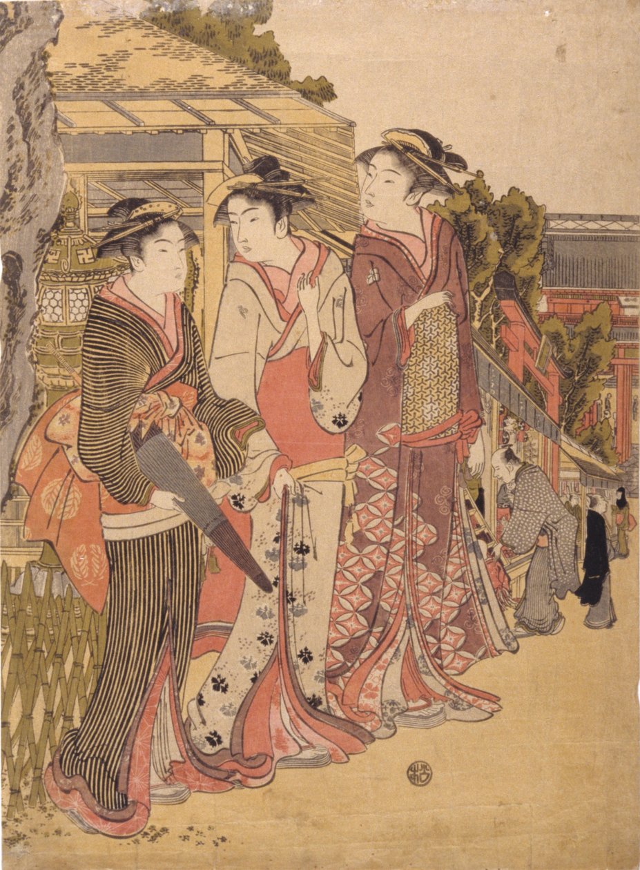 Pazar Yerinde Üç Güzel (renkli tahta baskı) by Japanese School