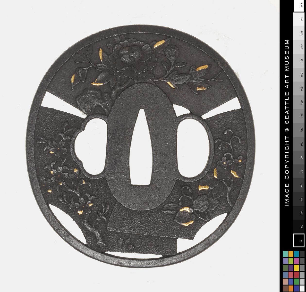 Tsuba: Krizantem, Kiraz, İris by Japanese School