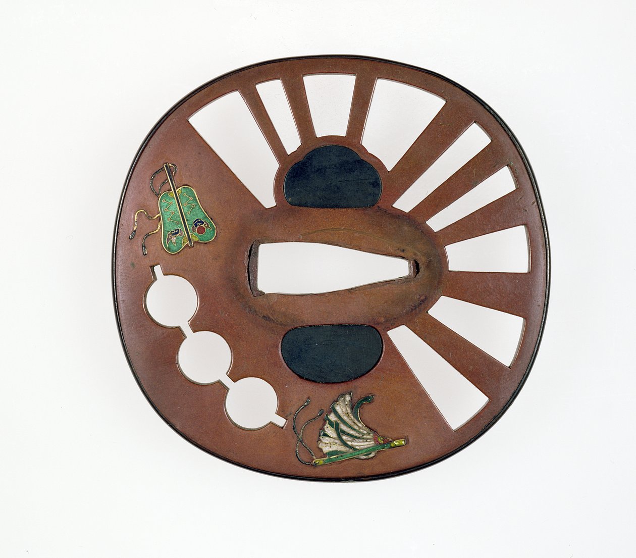 Fanlarla süslenmiş Tsuba (emaye ile bakır) by Japanese School