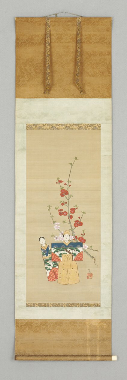 İki Japon Bebek ve Bir Çiçeklenme Dal, 18. yüzyıl sonu (ipek üzerine renk) by Japanese School