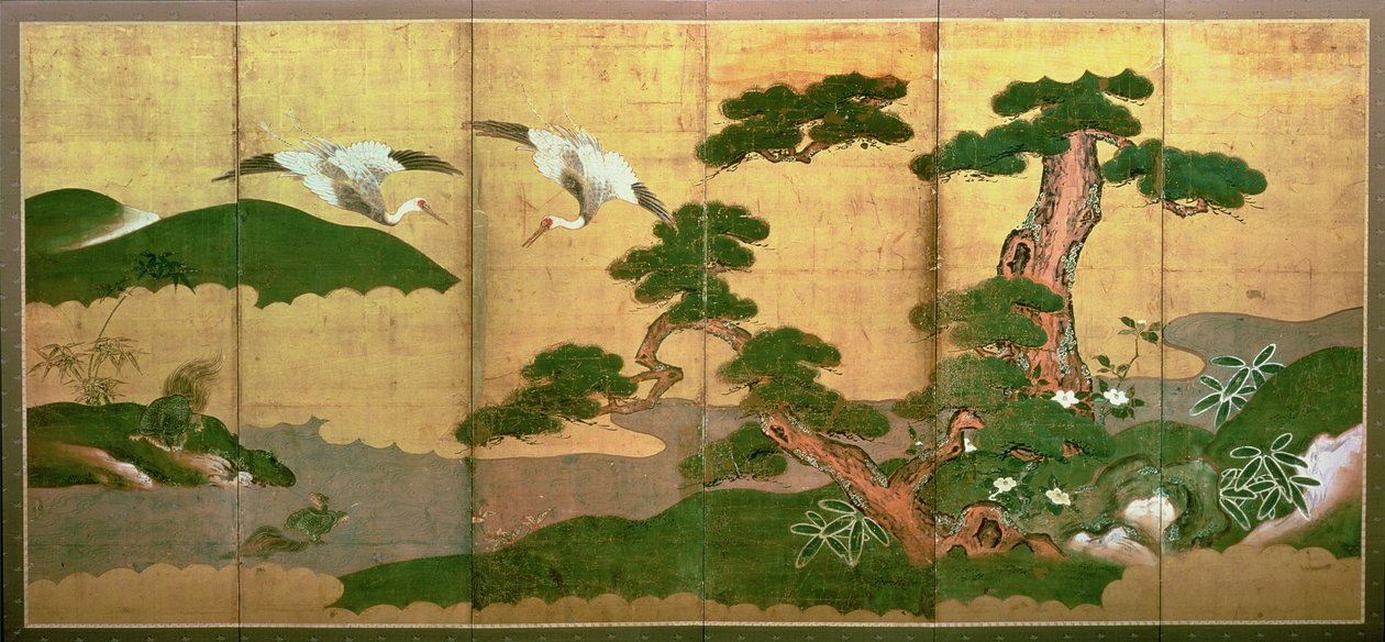Çam ve kaya ağacının arkasına dalan iki turna, Edo Dönemi by Japanese School