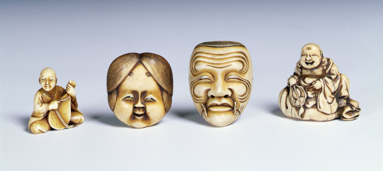 İki maske ve iki müzisyen by Japanese School