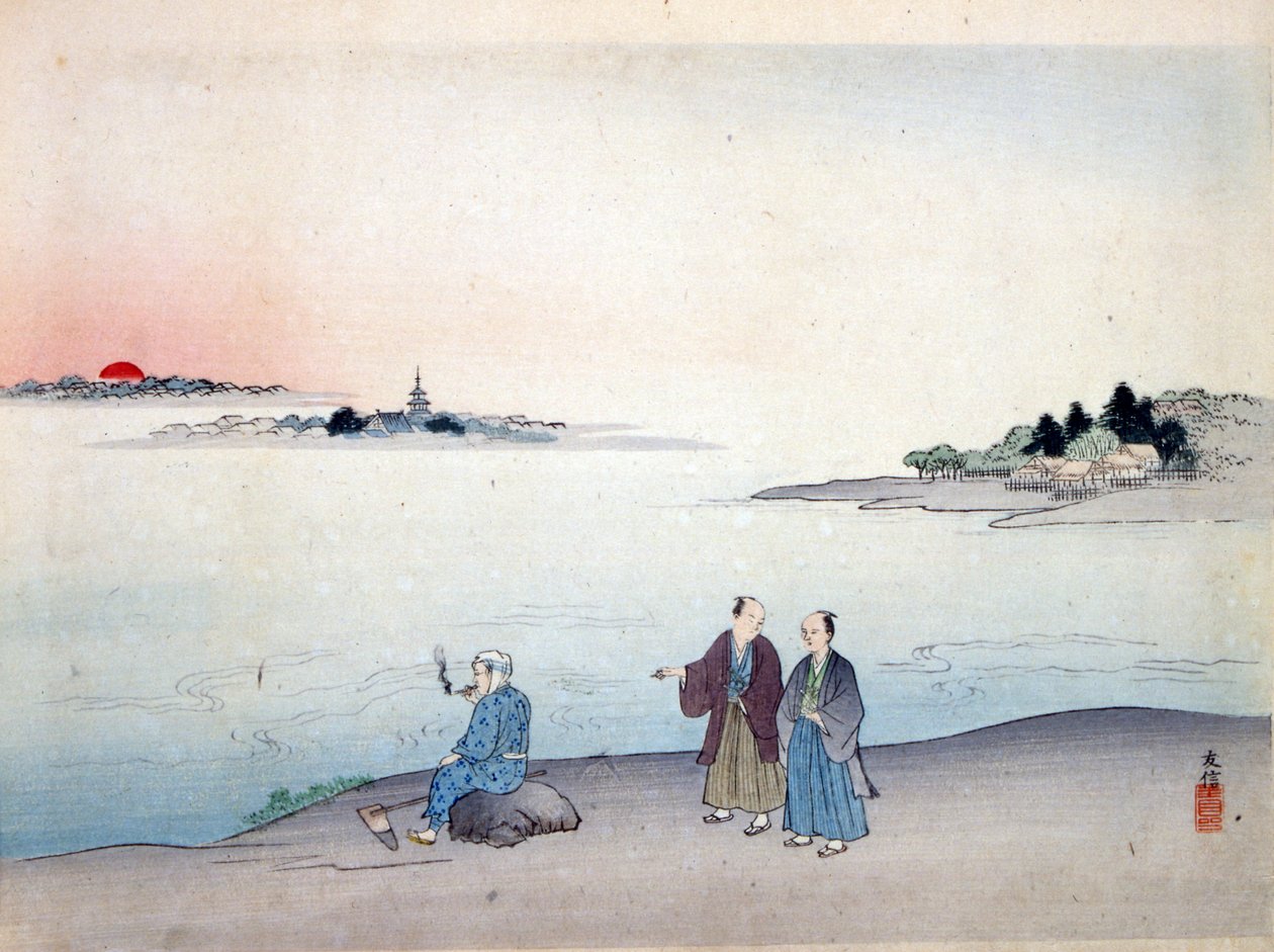 Göl kenarında yürüyen iki adam, c. 1870 by Japanese School