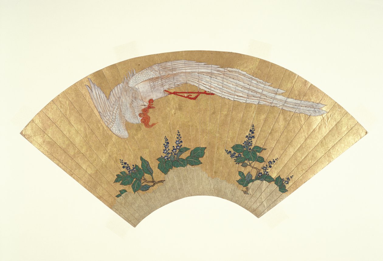 Monte edilmemiş fan: Karla kaplı bambu üzerine kuş dalışı, c.1700-60 (kağıt üzerinde altın ve wc) by Japanese School