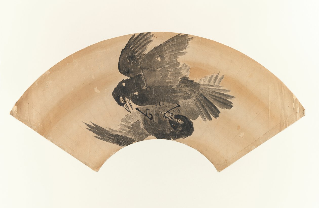 İsimsiz - yelpaze şeklinde iki kuş çizimi, 1603-1868 (kağıt üzerine mürekkep) by Japanese School