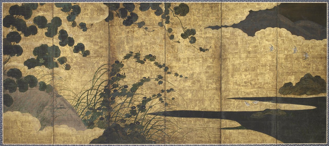Asmalar, kulübe, çimenler ve kıyı kuşları, Momoyama dönemi, 1568-1615 (kağıt üzerine altın, mürekkep ve renkli) by Japanese School