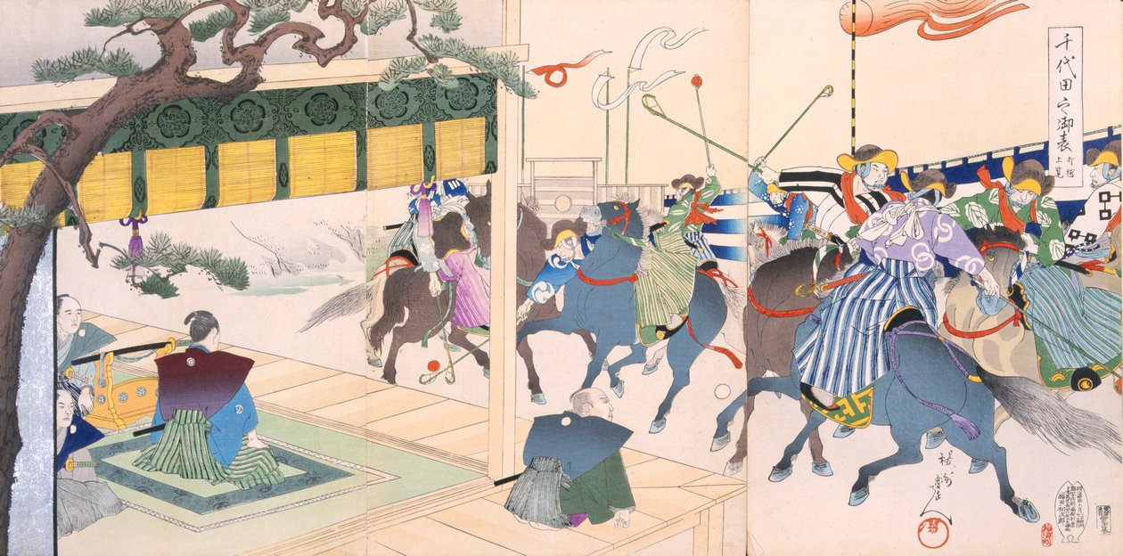 Bir tür polo oynayan savaşçılar, 19. yüzyıl. by Japanese School