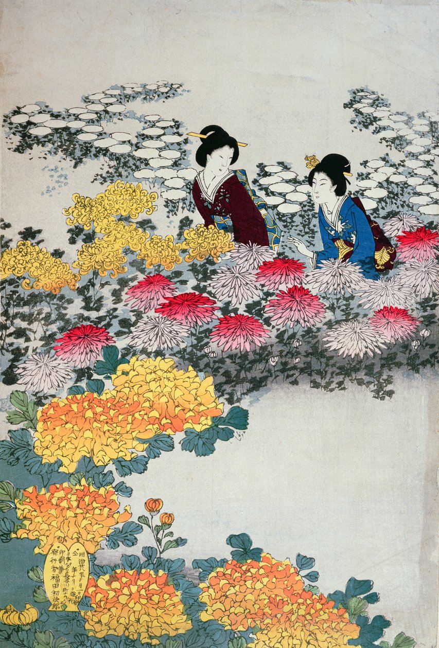 Çiçekli Bahçedeki Kadınlar (renkli tahta baskı) by Japanese School