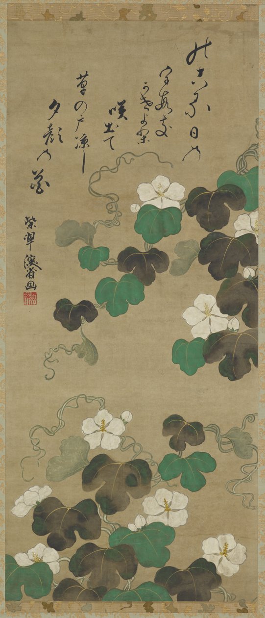 Yugao sarmaşıkları ve bir şiir, Asılı parşömen (panel üzerine monte edilmiş), 18.-19. yüzyıl (kağıt üzerine renkli) by Japanese School