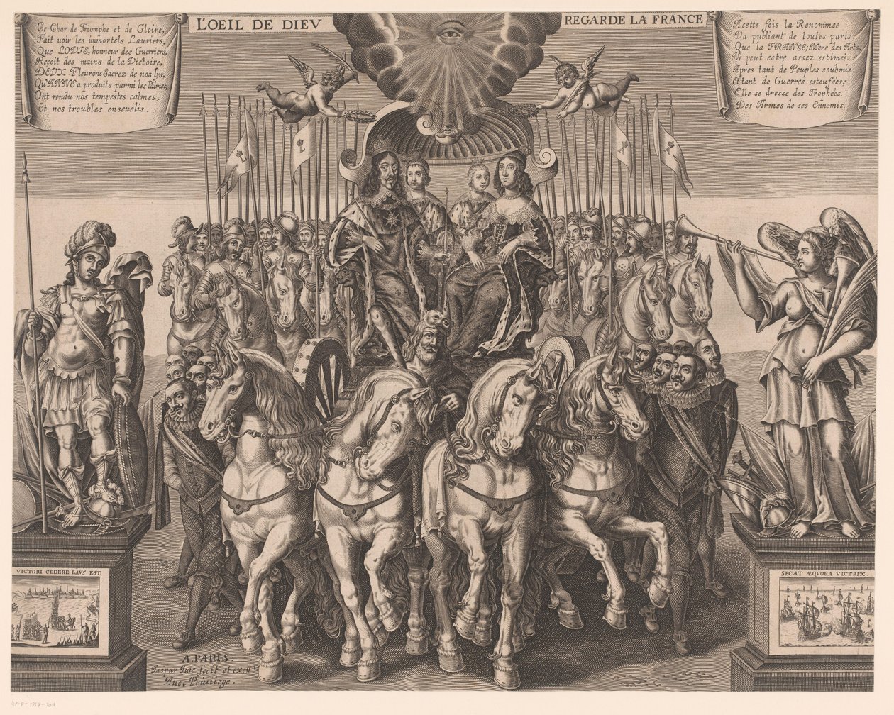 Dört atın çektiği bir arabada Dauphin ve Anjou Dükü ile Louis XIII ve Avusturya Anna L