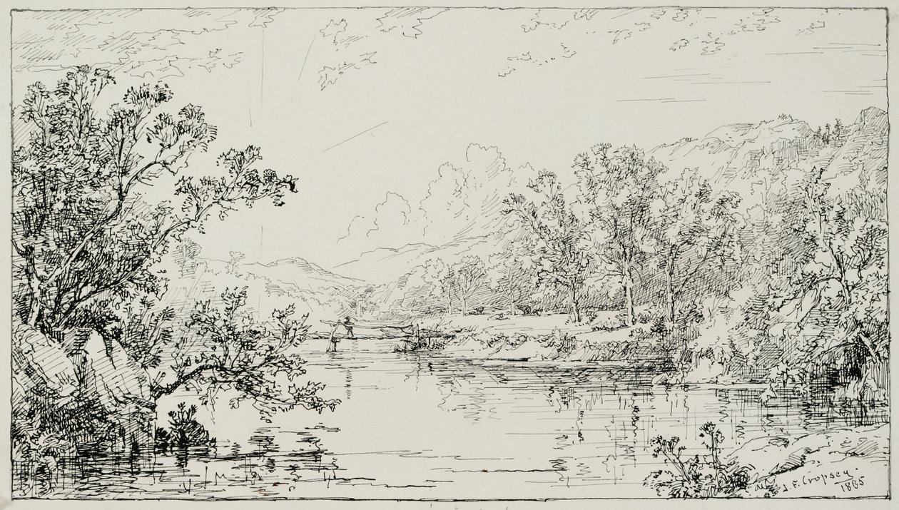 October in the Ramapo Valley, 1885 (pen & black ink with graphite additions on cream Bristol board) by Jasper Francis Cropsey