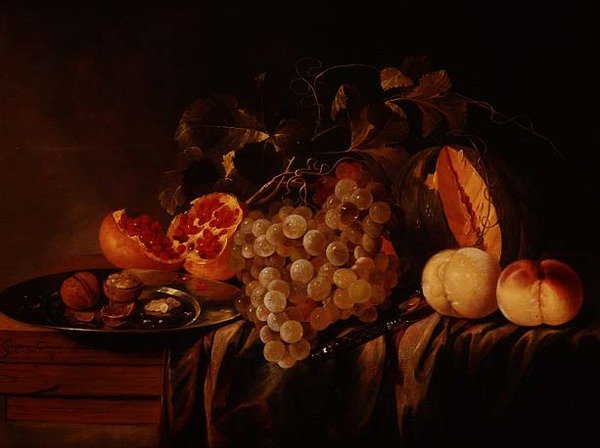 Natürmort kavun, üzüm, nar, kalaylı bir tabakta ceviz ve şeftali by Jasper Geerards