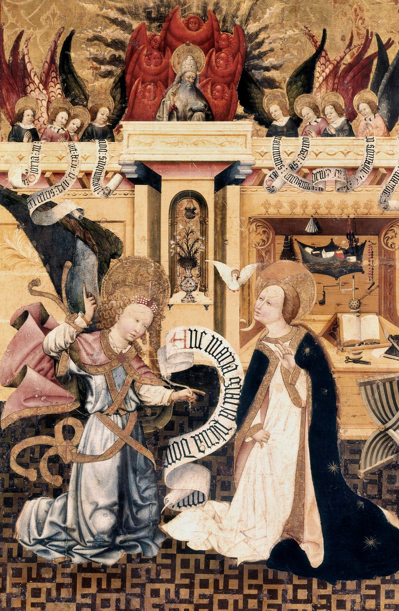 Müjde ve Tanrı Baba meleklerle çevrili, altarpiece by Jaume Ferrer
