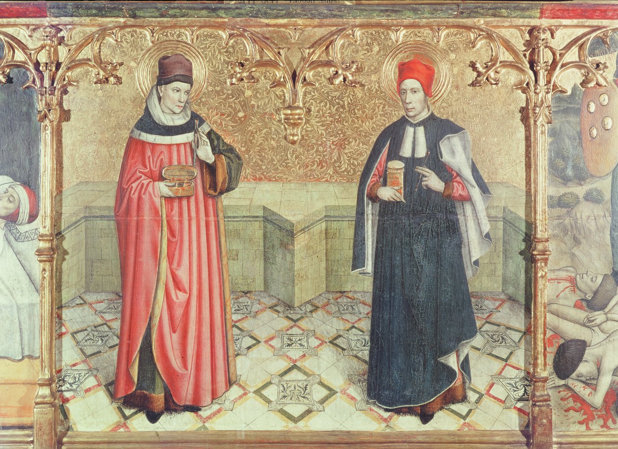 St. Cosmas and St. Damian (oil and gold leaf on panel) by Jaume Huguet