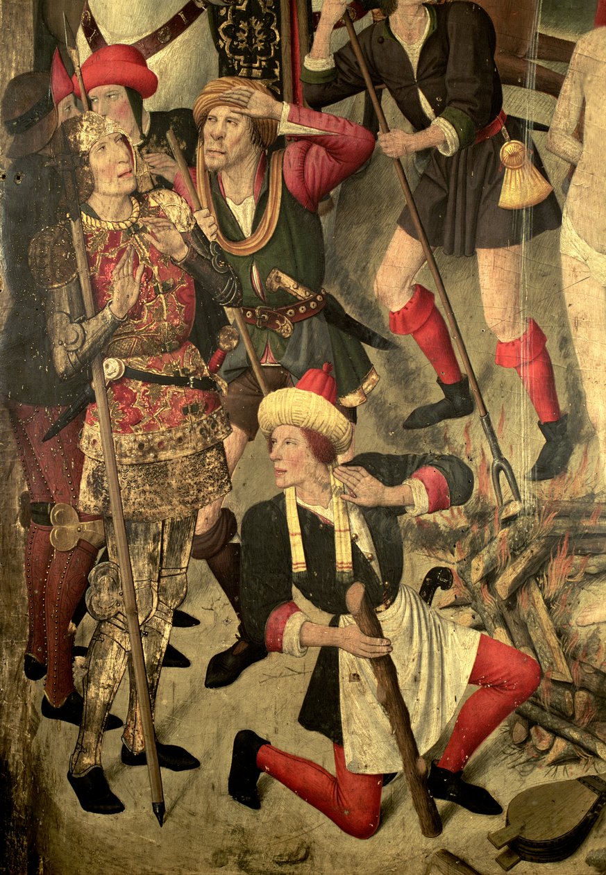 St. Vincent Altarpiece: St. Vincent'ın ızgarada işkencesi, Dacian ve cellatlar, detay by Jaume Huguet