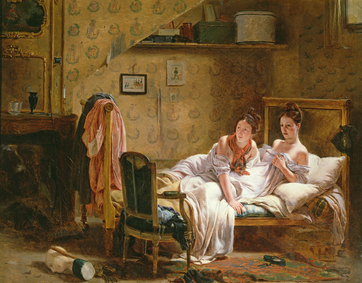 Bir Yatakta Bir Kedi Tarafından Rahatsız Edilen İki Kadın by Jean Alphonse Roehn