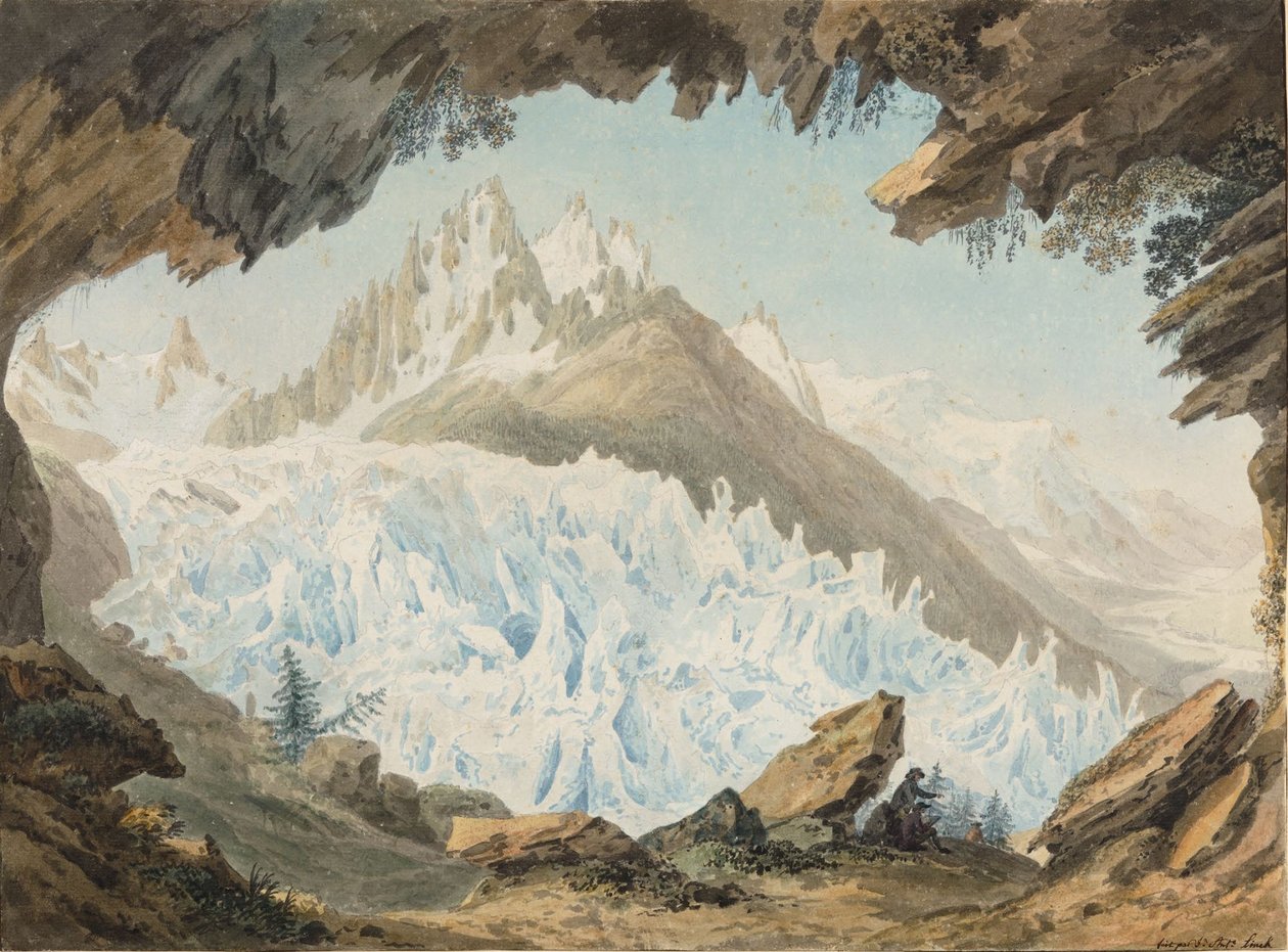 Chapeau, Glacier des Bois ve Charmoz iğneleri denilen kasadan çizim yapan sanatçı by Jean Antoine Linck