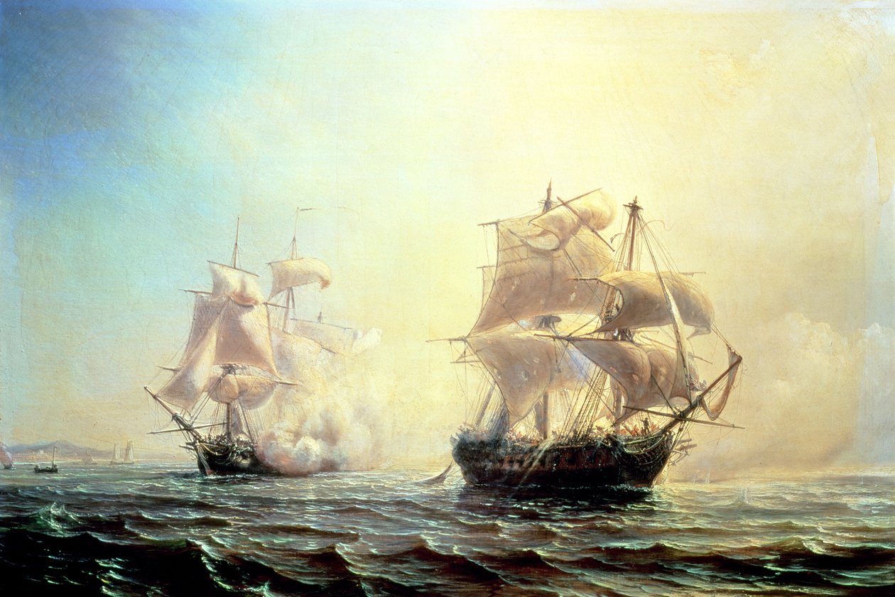 1793'te New York Limanı'nda firkateyn 'L'Embuscade' ve 'Boston' arasındaki savaş by Jean Antoine Theodore Gudin