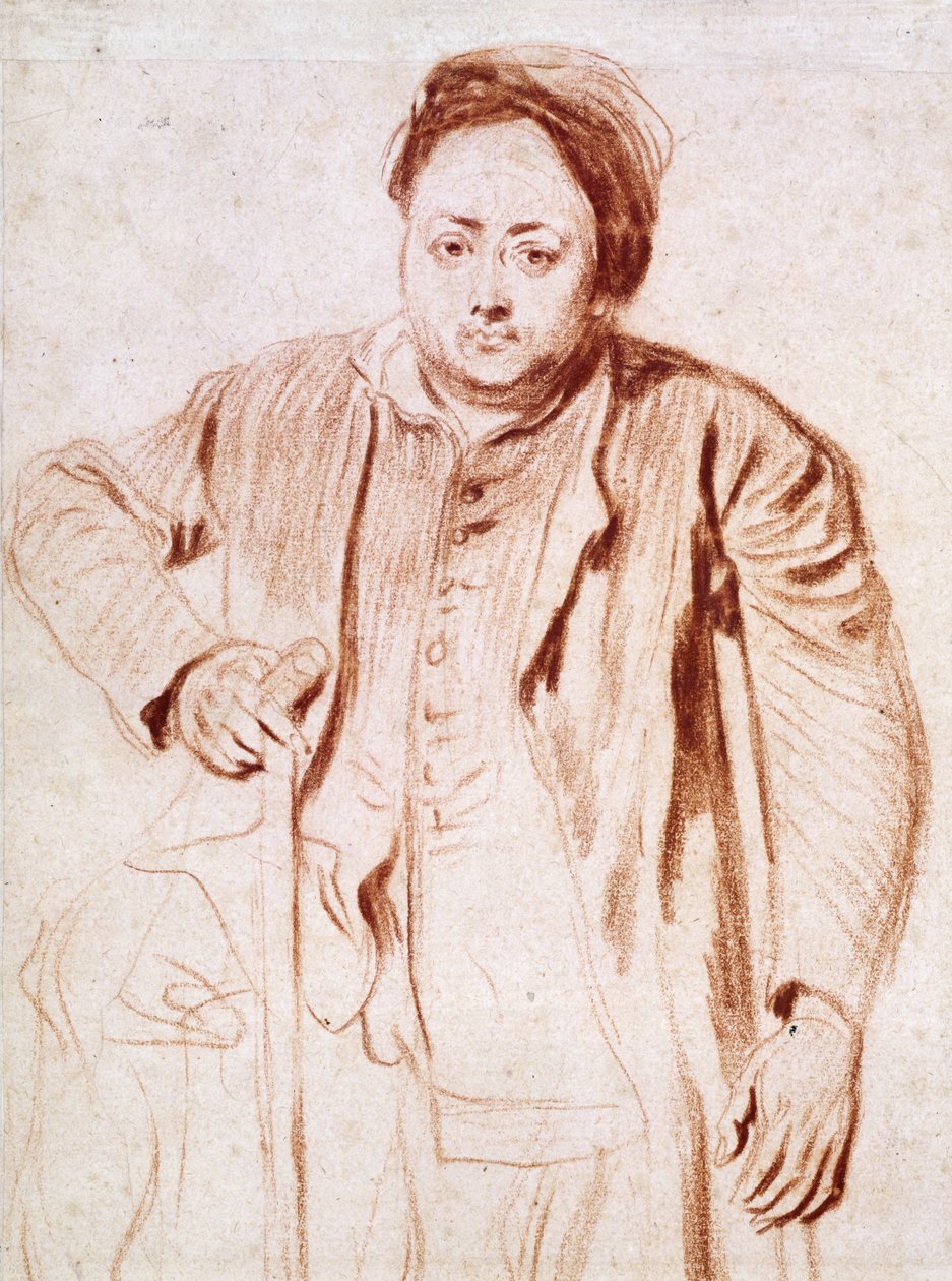 2266 Antonie de la Rogue, Koltuk Değneği Üzerindeki Adam, c.1714 (kağıt üzerinde tebeşir) by Jean Antoine Watteau