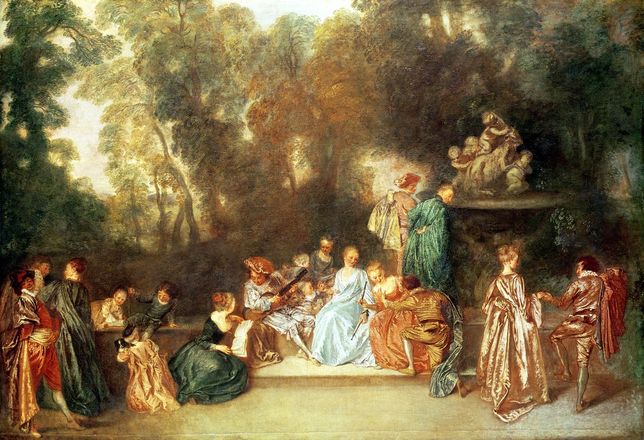 Gitar çalan ve bir koçla oynayan putti heykeli ile Fete galante, c.1717-19 by Jean Antoine Watteau