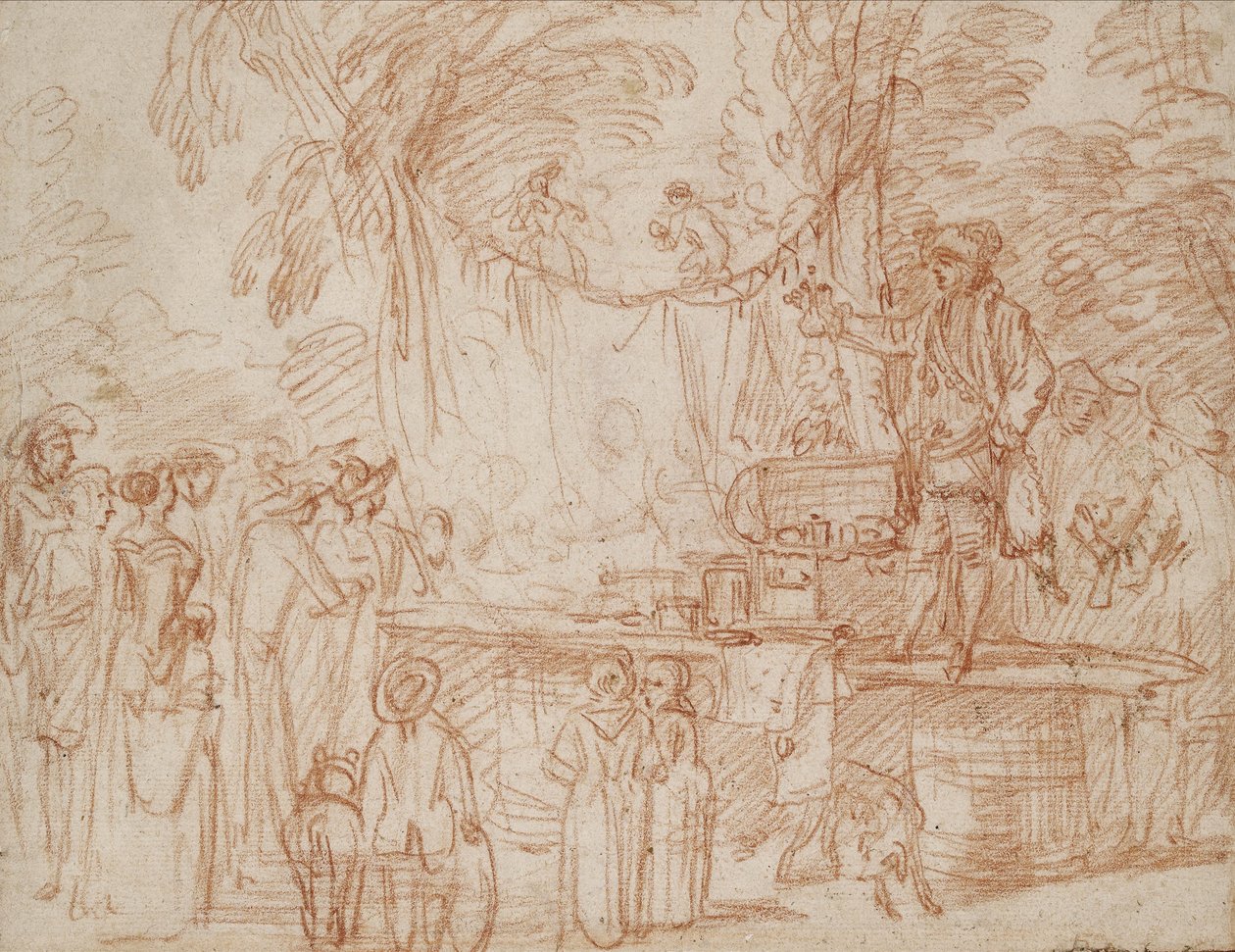 rekto; Vakum Doktoru açık havada Mallarını satıyor (kağıt üzerinde kırmızı tebeşir) by Jean Antoine Watteau