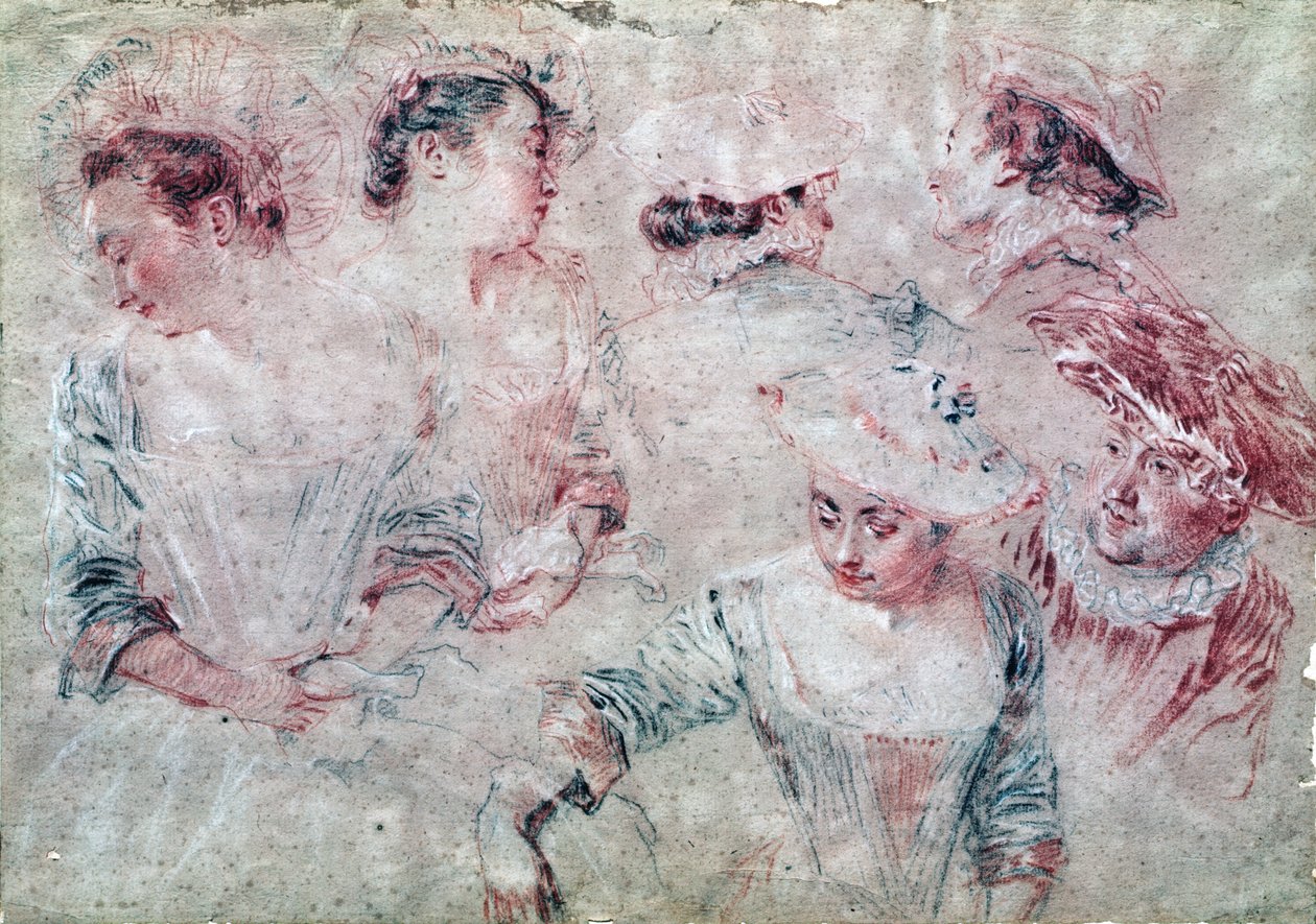 Six Studies (kağıt üzerinde kömür ve kırmızı tebeşir) by Jean Antoine Watteau