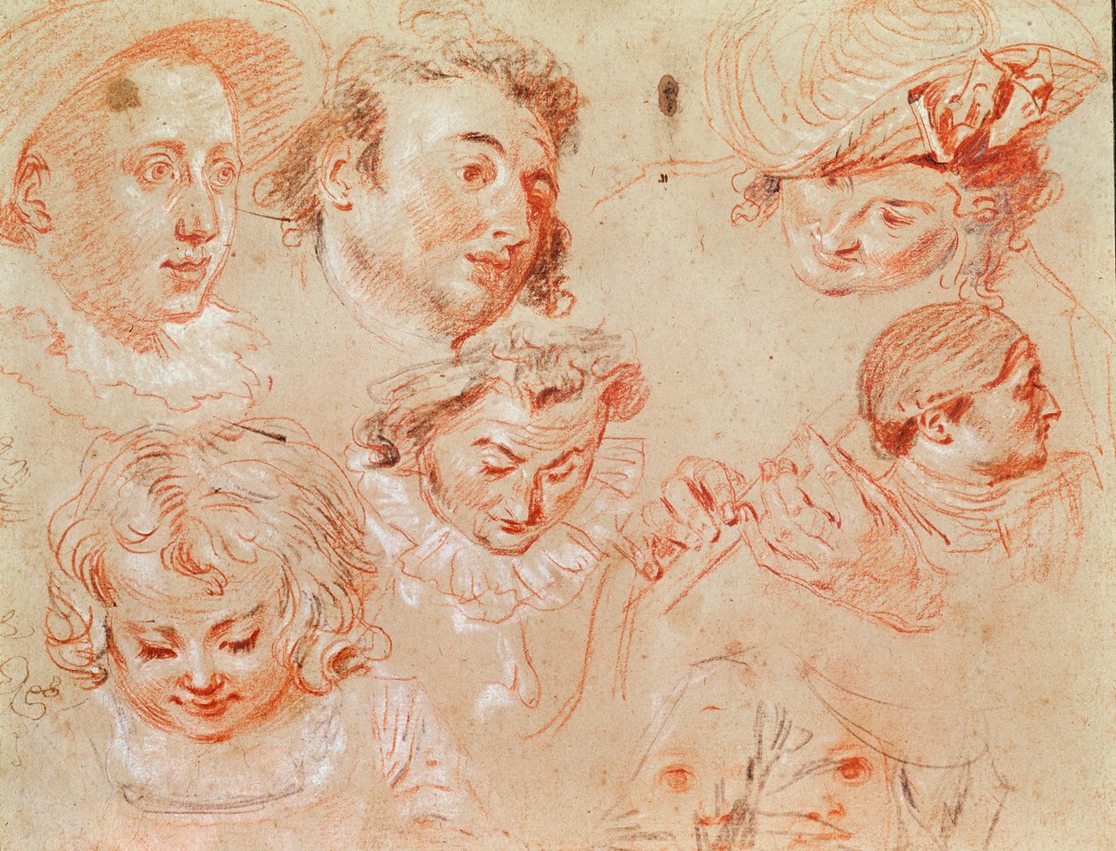 Bir müzik aleti çalan altı kafa ve iki el (kömür vurgulu mum boya) by Jean Antoine Watteau