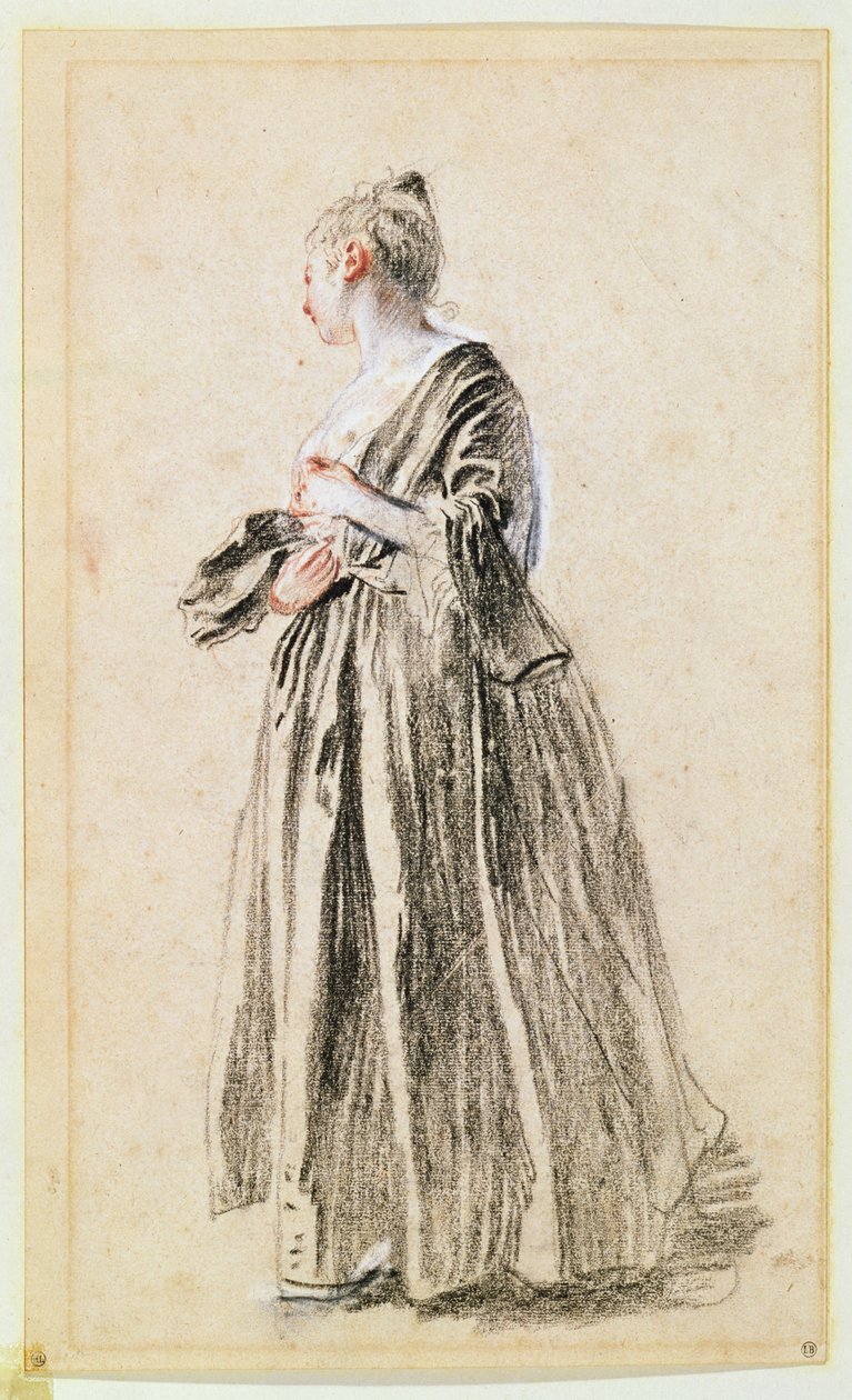 Ayakta Kadın (kağıt üzerine kırmızı, siyah ve beyaz tebeşir) by Jean Antoine Watteau