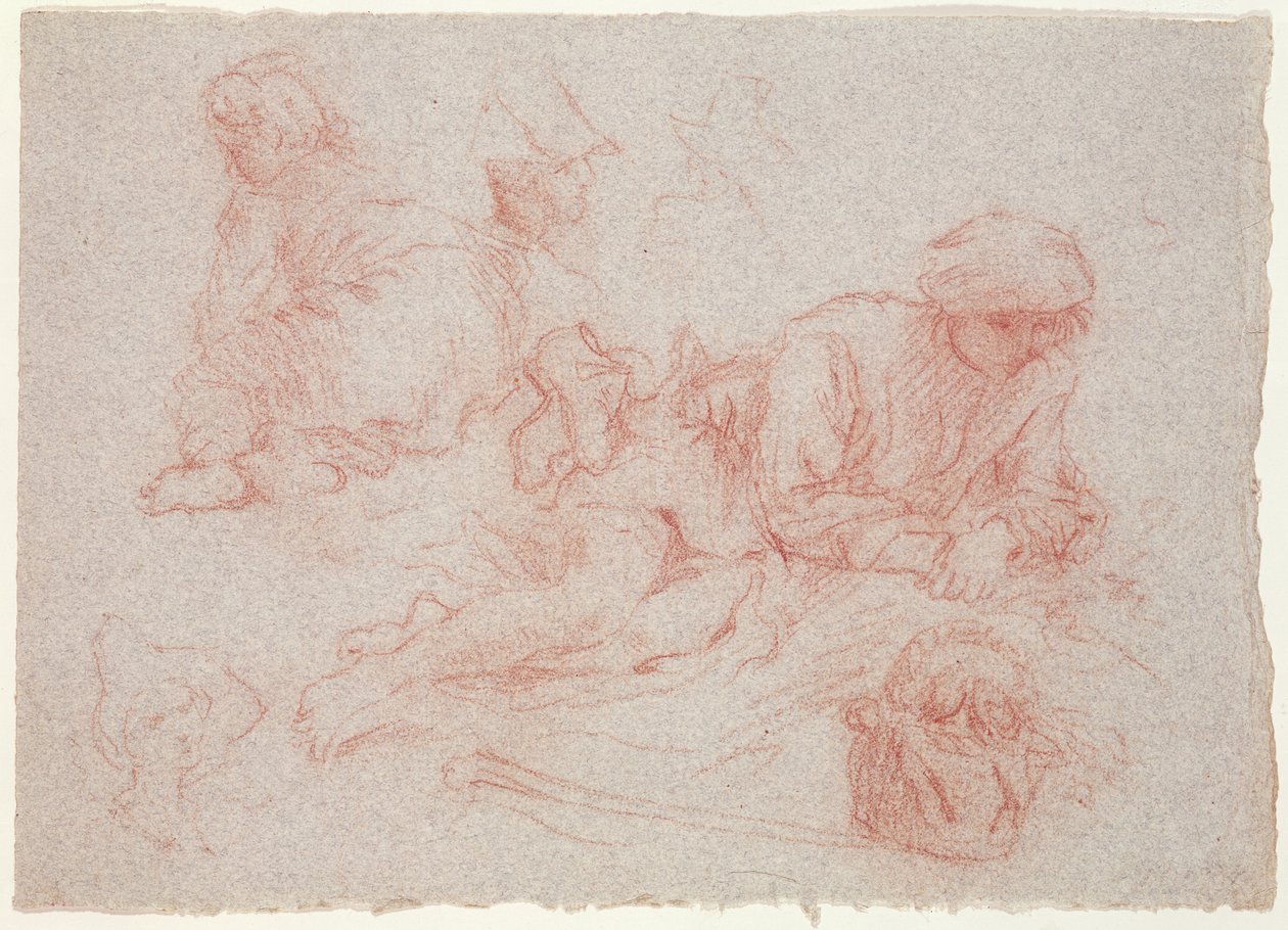 Uzanmış bir adamın çalışması (kağıt üzerinde kırmızı tebeşir) by Jean Antoine Watteau
