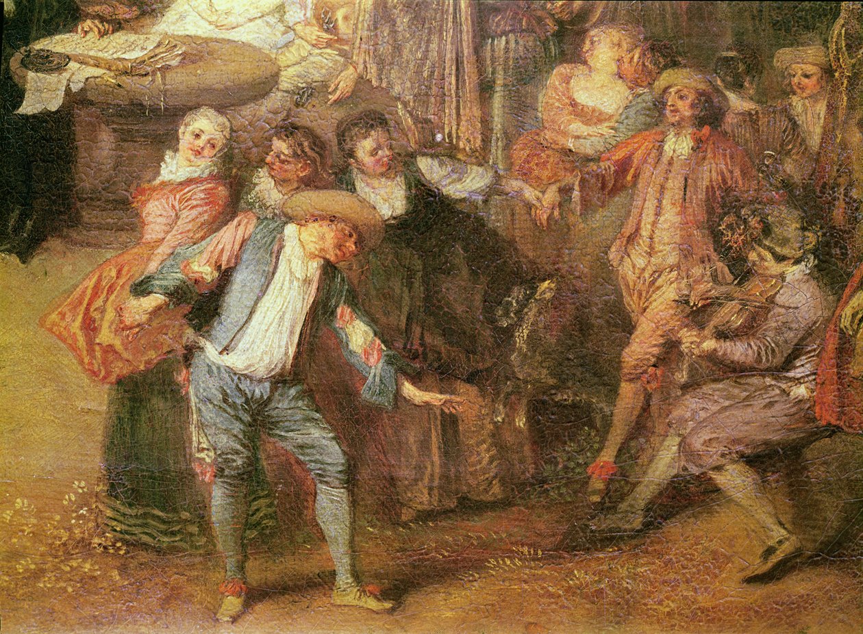 Sağdaki Dansçıların Evlilik Sözleşmesi ve Rustik Balo detayı, c. 1712-13 tuval üzerine yağlı boya by Jean Antoine Watteau
