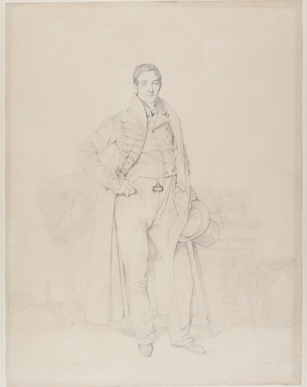 Portrait of the Architect Alexandre Bénard, full length, with fragments of classical capitals, the Roman Forum beyond, 1818 (graphite & bodycolour on cream wove paper) by Jean Auguste Dominique Ingres