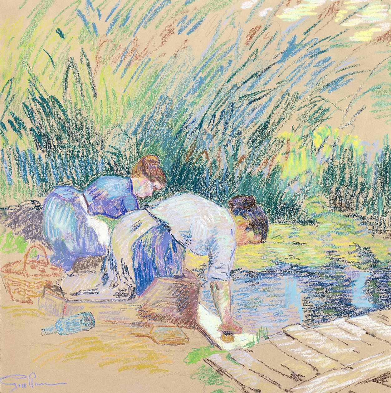 İki Çamaşırcı Kadın (kağıt üzerinde pastel) by Jean Baptiste Armand Guillaumin