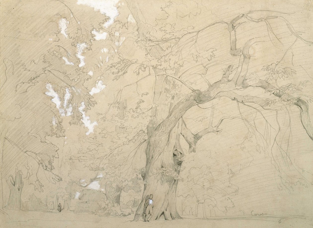 Büyük bir meşe önünde genç bir adam by Jean Baptiste Camille Corot
