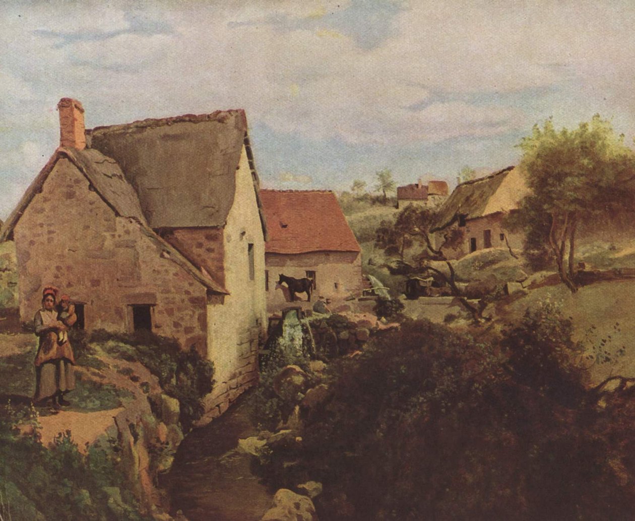 Bir Derenin Kıyısında Kulübeler ve Değirmen by Jean Baptiste Camille Corot