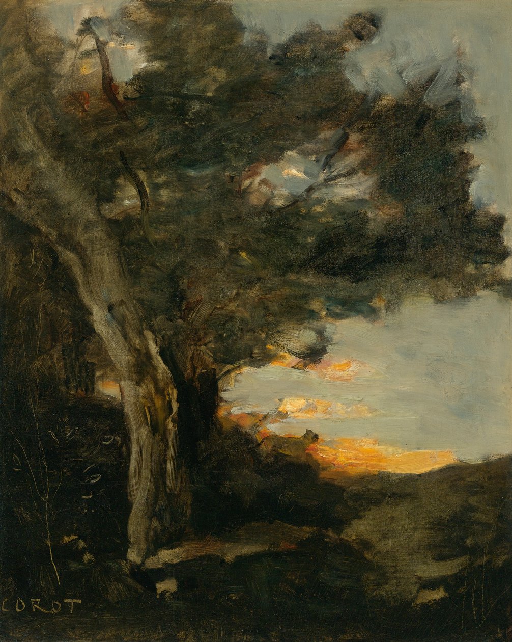Bir dişi aslanla gün batımı by Jean Baptiste Camille Corot