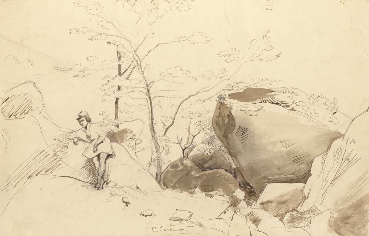 Fontainebleau, Kayaya Yaslanmış Figür by Jean Baptiste Camille Corot