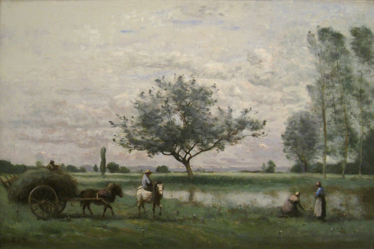 Bir nehir boyunca saman arabası by Jean Baptiste Camille Corot