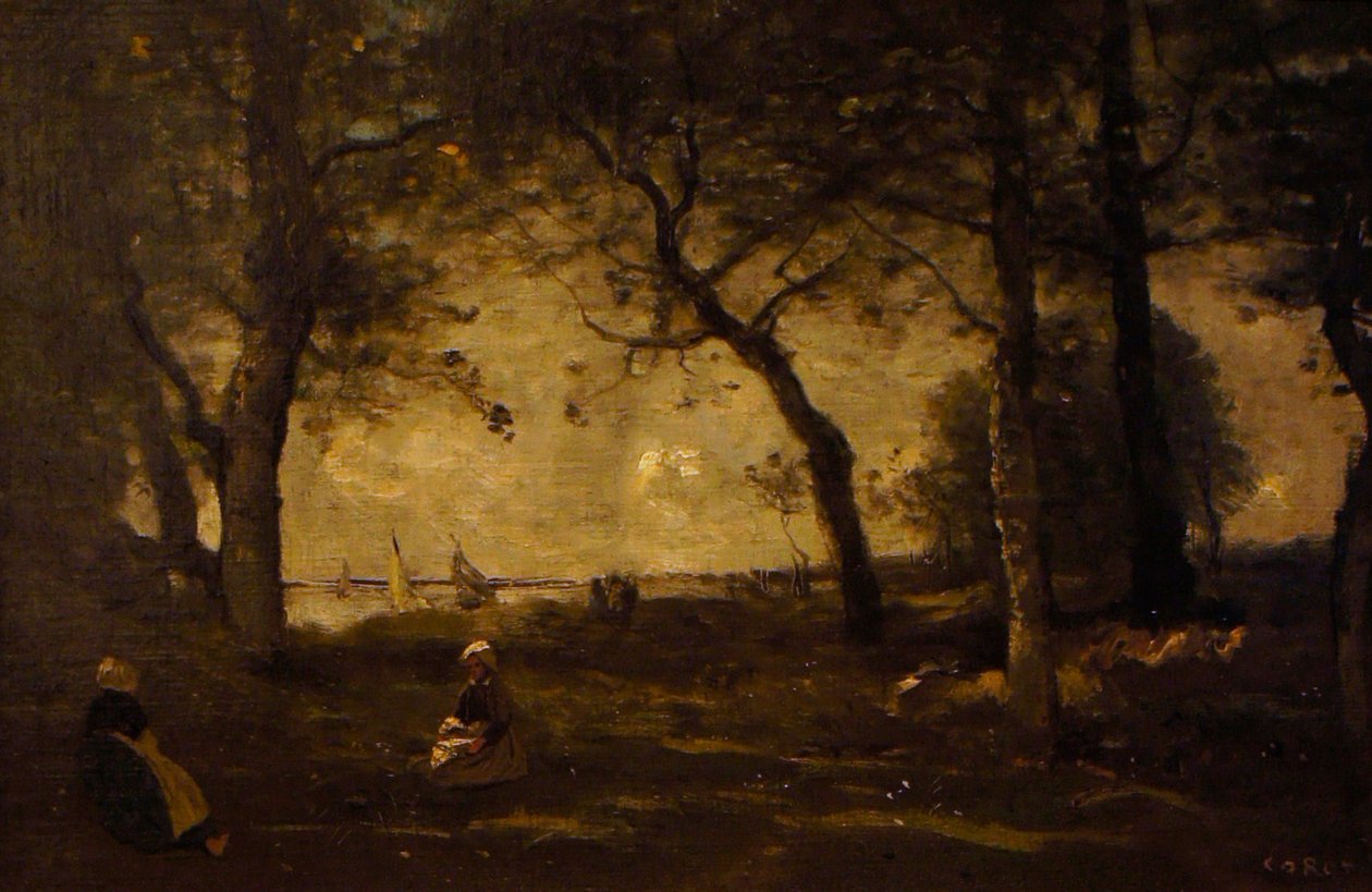 Honfleur ağaçların arkasındaki deniz by Jean Baptiste Camille Corot