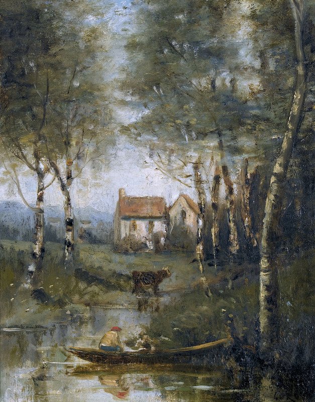 Tekne ve ev ile nehir by Jean Baptiste Camille Corot