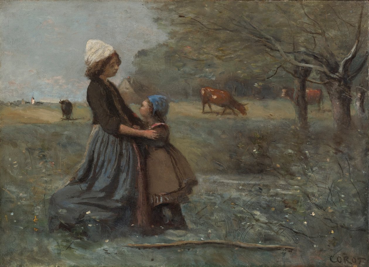 Çayırda iki kız kardeş by Jean Baptiste Camille Corot