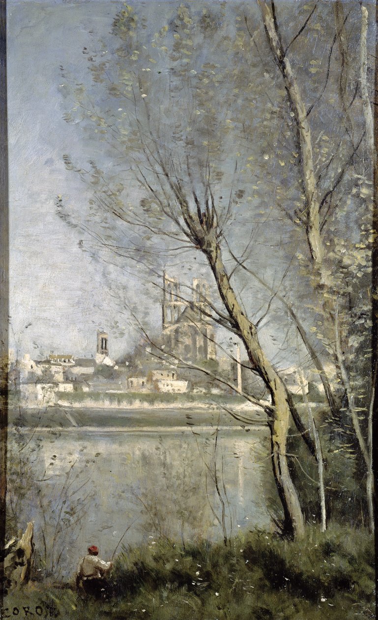 Mantes, View of the Cathedral and Town through the Trees, c.1865-70  by Jean Baptiste Camille Corot