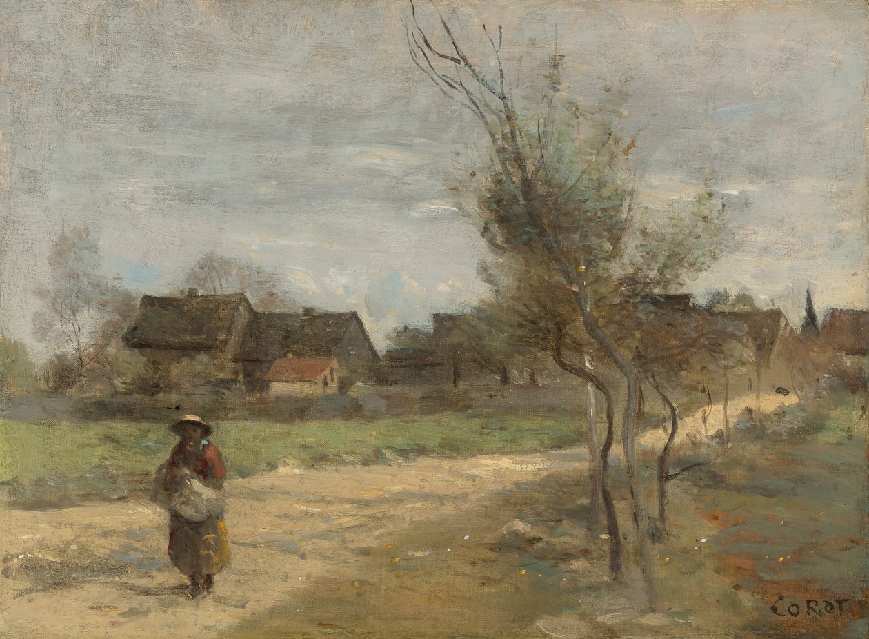 Köy manzaralı bir yolda köylü kadın by Jean Baptiste Camille Corot
