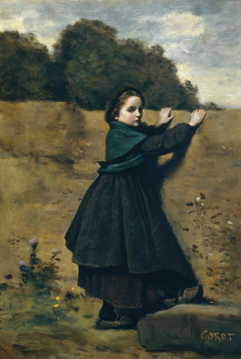 Meraklı Küçük Kız, 1860-64 (karton üzerine yağlı boya, tahta üzerine serilmiş) by Jean Baptiste Camille Corot