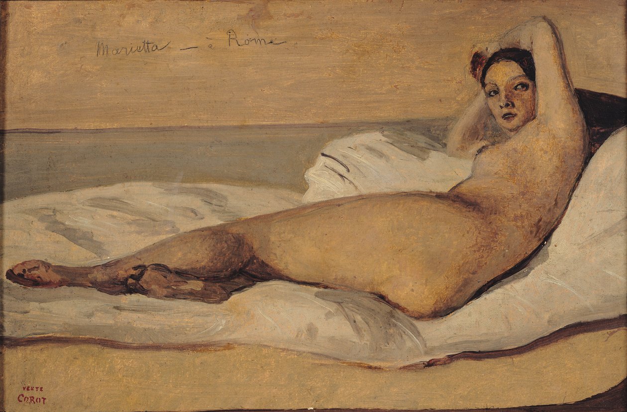 The Roman Odalisque (Marietta) 1843 (kağıt üzerinde yağlı boya ve kurşun kalem) by Jean Baptiste Camille Corot