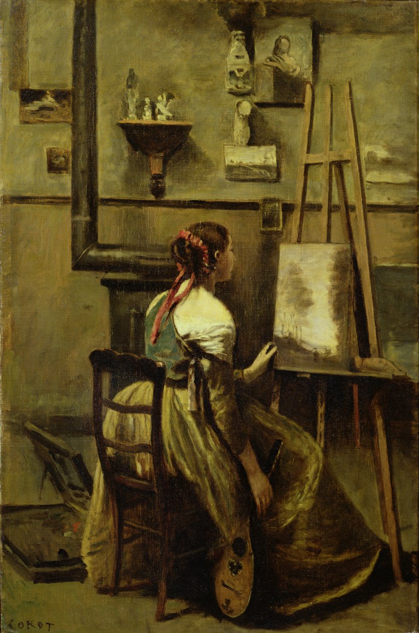 Corot Stüdyosu veya Şövale önünde oturan genç kadın, 1868-70 by Jean Baptiste Camille Corot