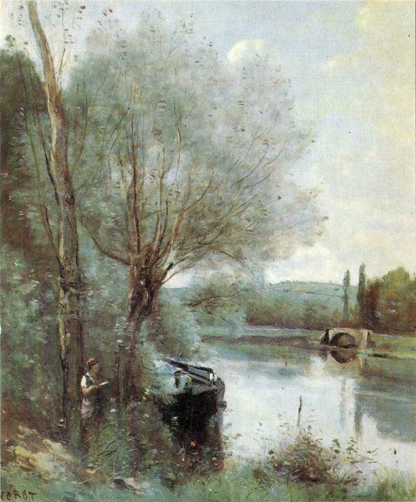 ormanlık banka tarafından okuyucu by Jean Baptiste Camille Corot