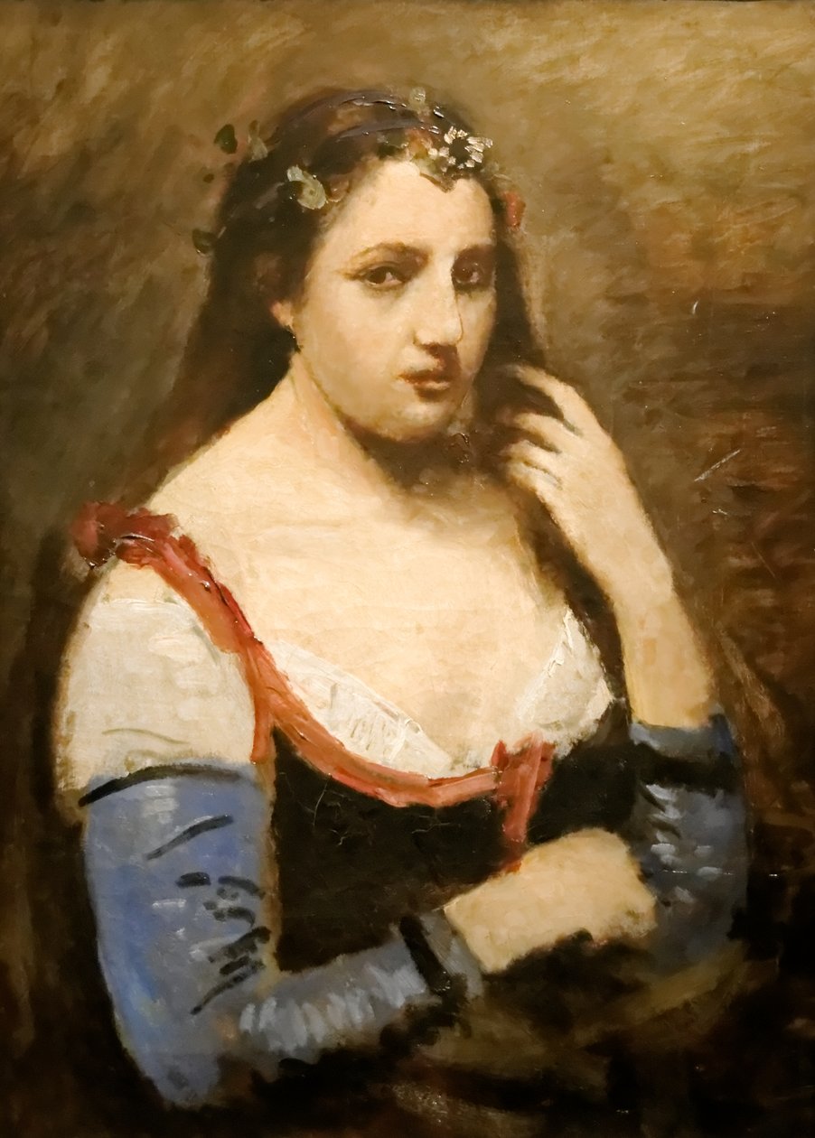 papatyalar olan kadın by Jean Baptiste Camille Corot