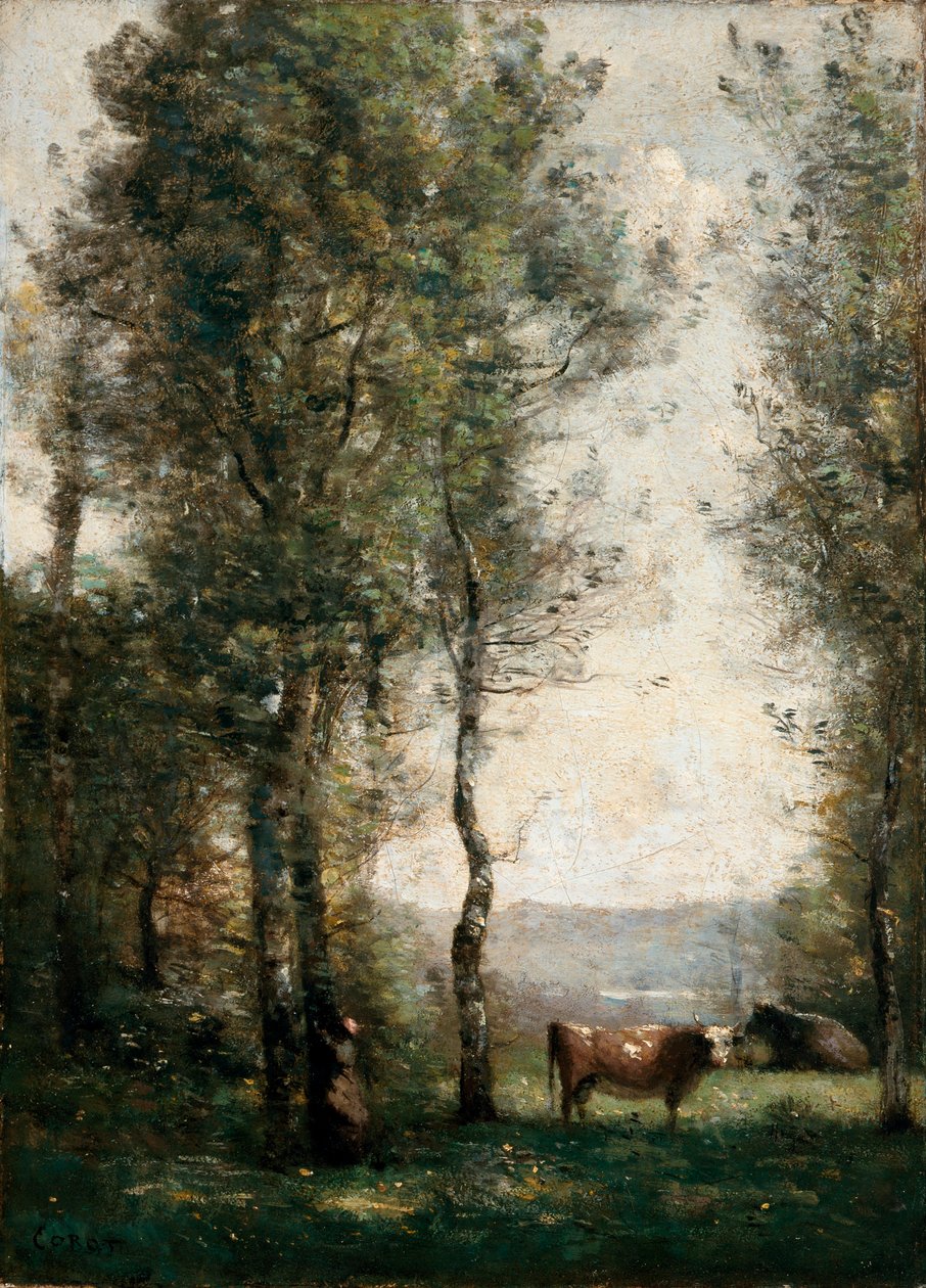 Bir açıklıkta inekler ile ormanlık manzara by Jean Baptiste Camille Corot