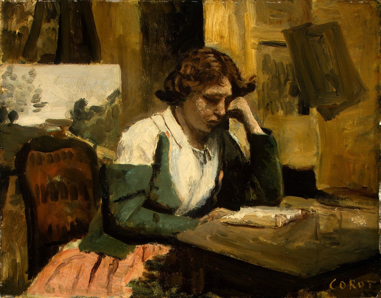 genç kız, okuma by Jean Baptiste Camille Corot